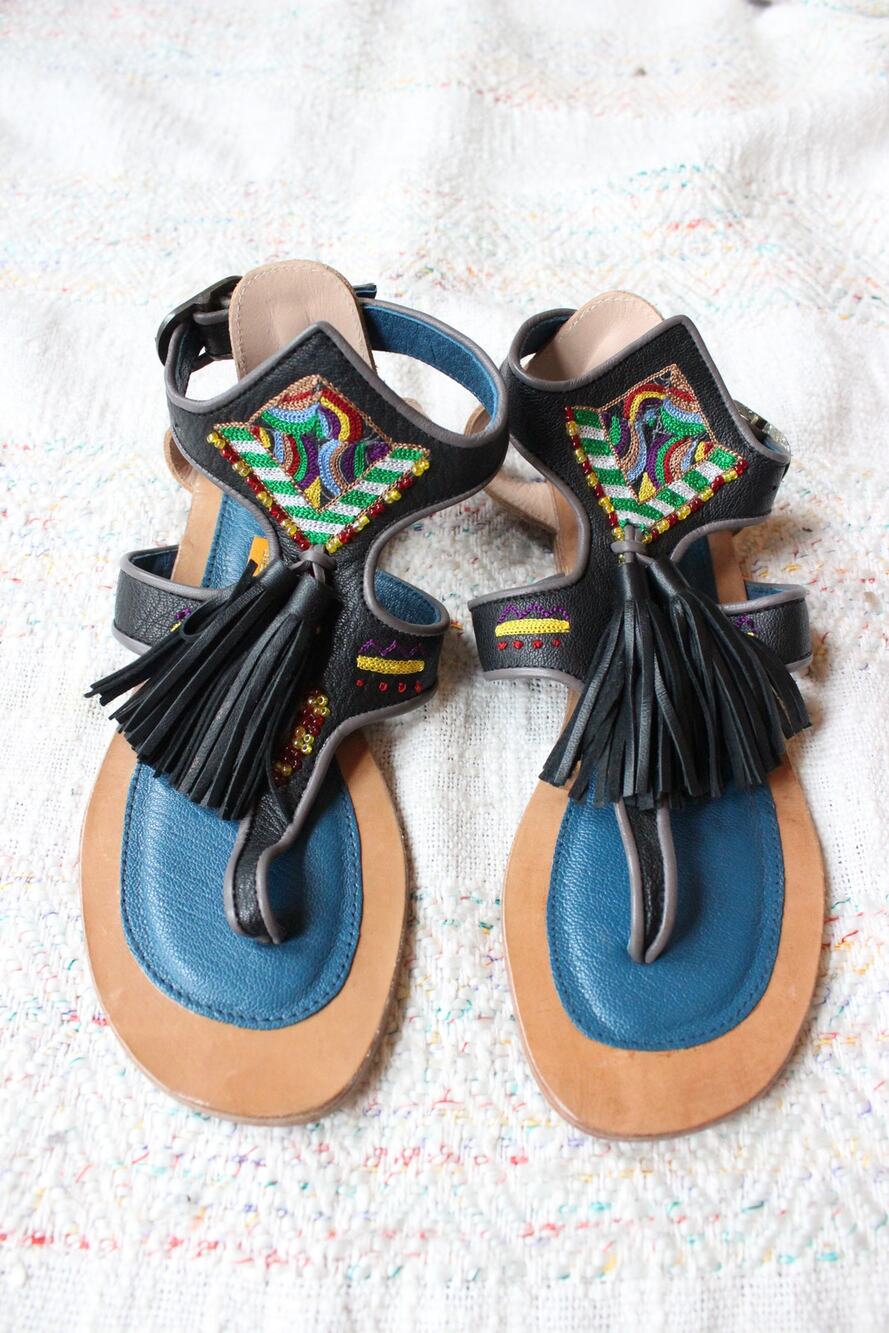 Meher Kakalia Sofia Leather Tassel Embellished Beaded Thong Sandals 37